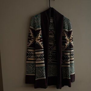 Ecote Aztec-Pattern Open Cardigan in Teal, Cream, Brown